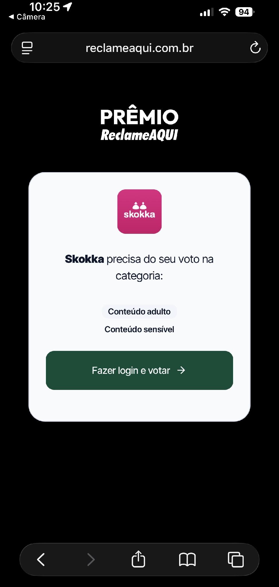 Página de votação do Skokka com o botão Fazer login e votar