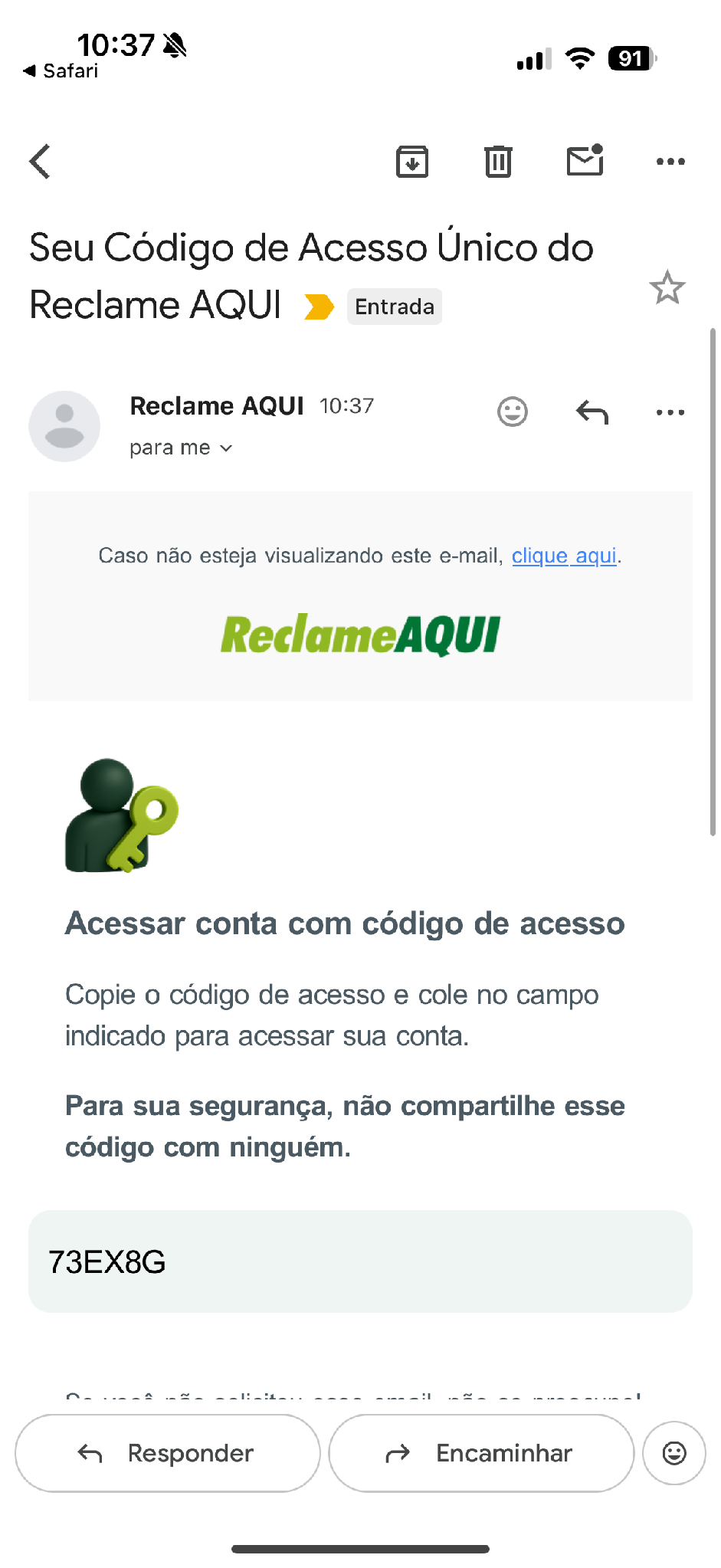 E-mail do Reclame AQUI com o código de acesso
