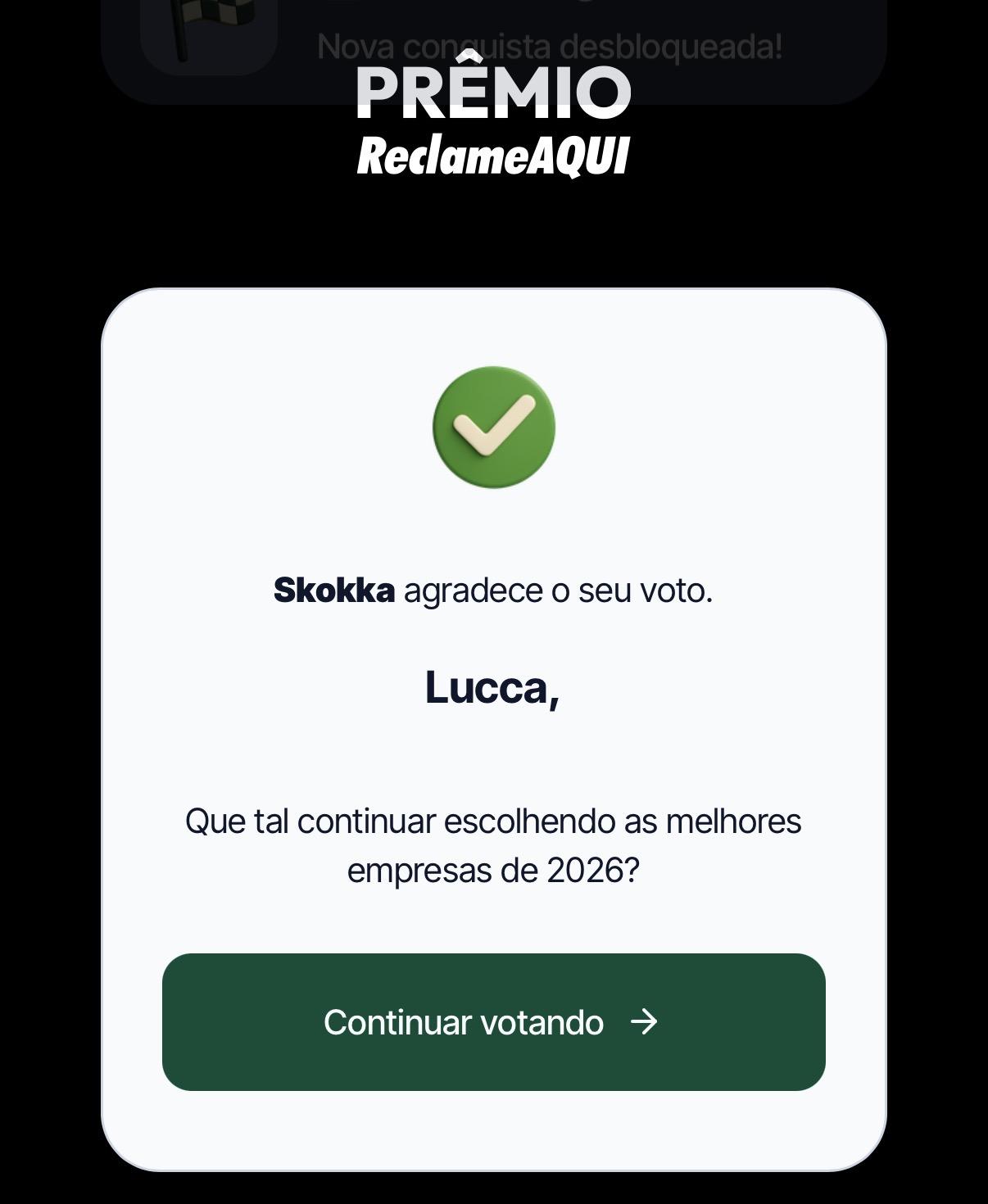 Tela de confirmação do voto no Skokka