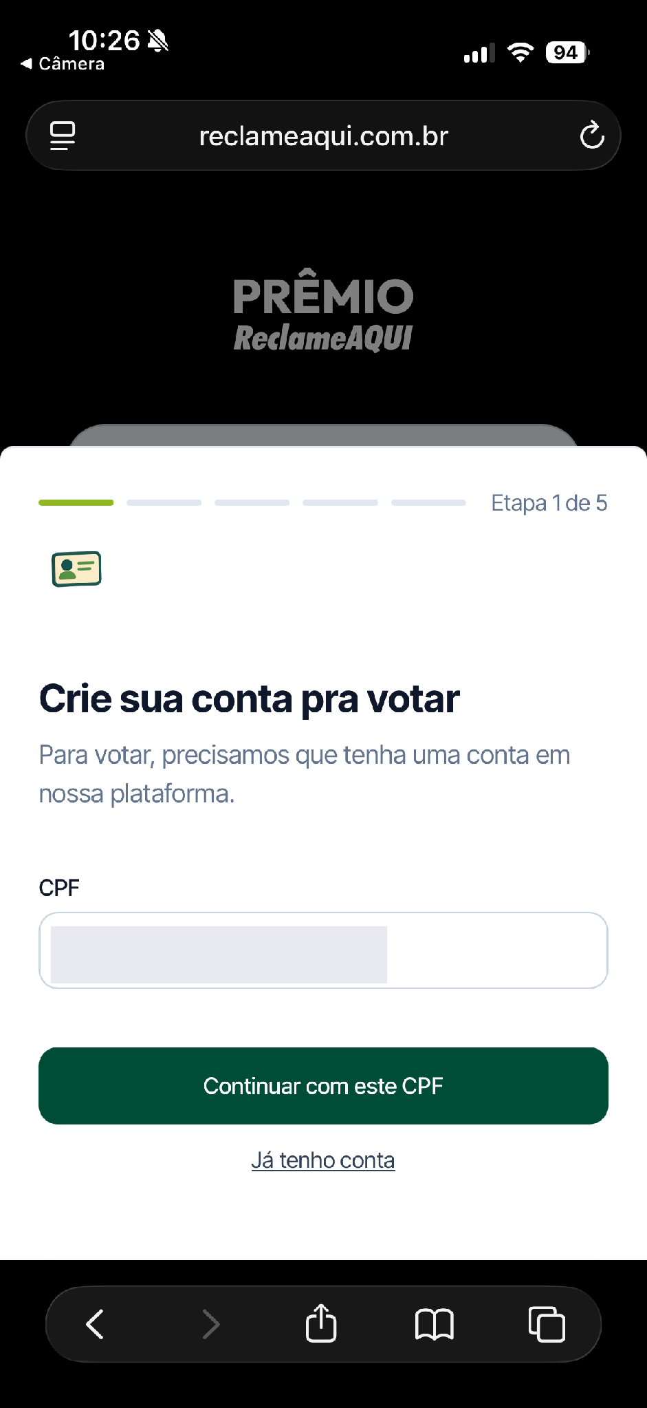 Primeira etapa do cadastro, com campo para CPF