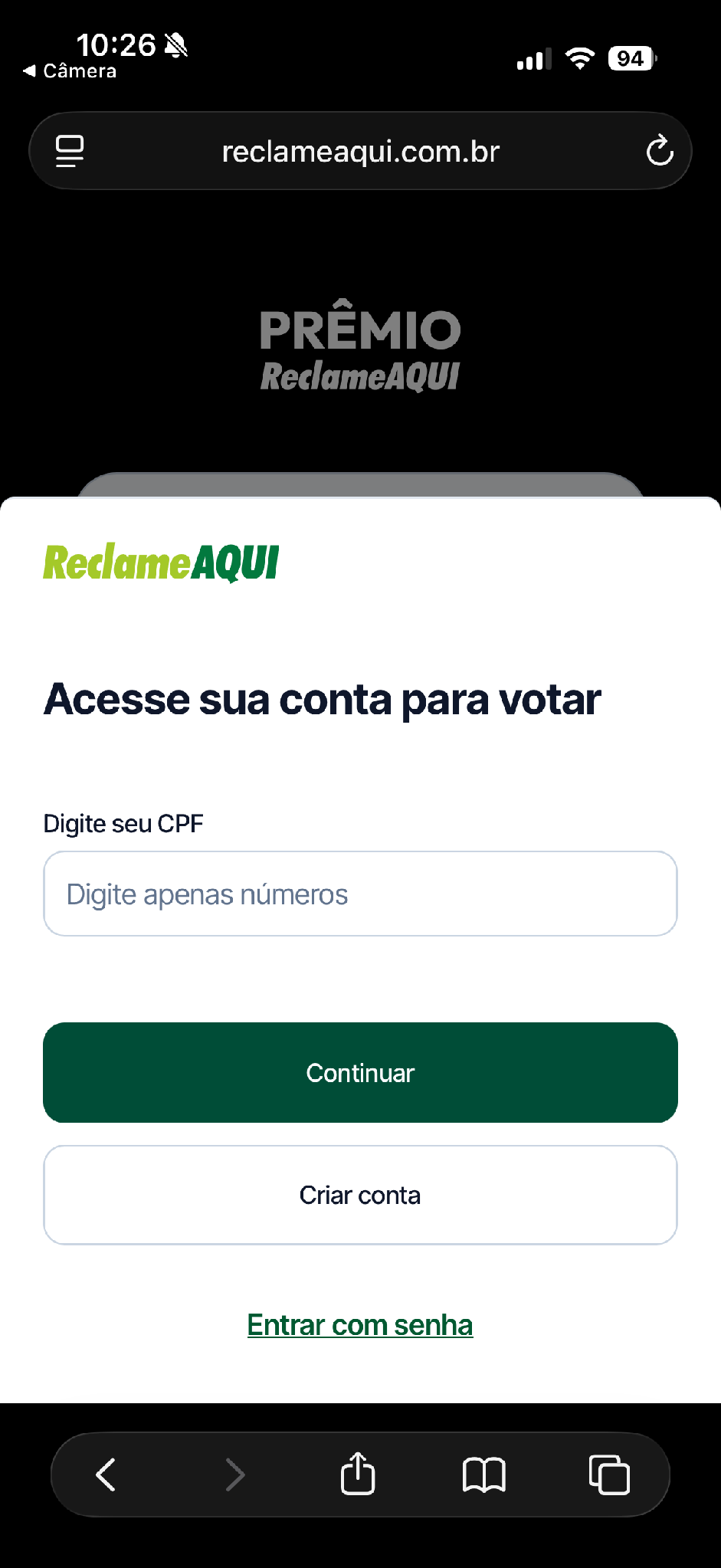 Tela de login com campos para CPF e opção Criar conta