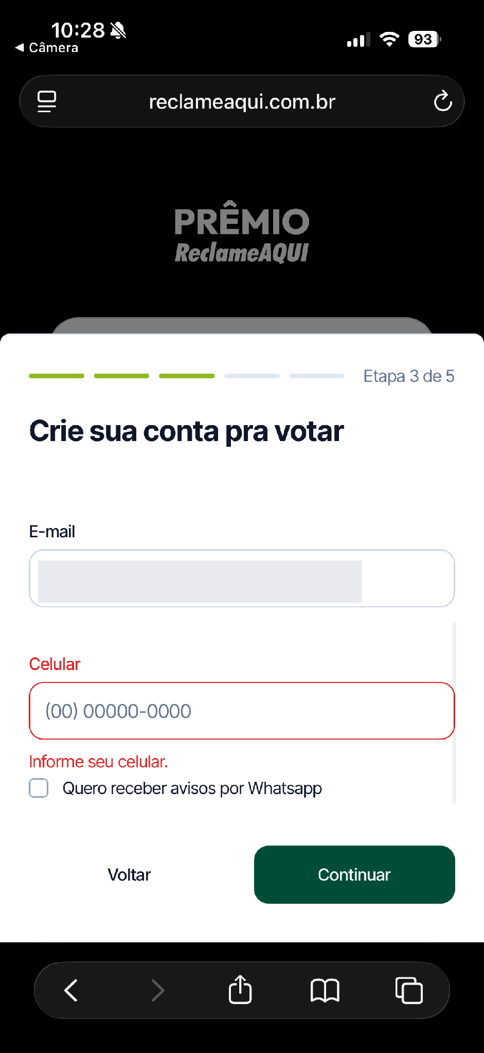 Campo obrigatório para celular no cadastro