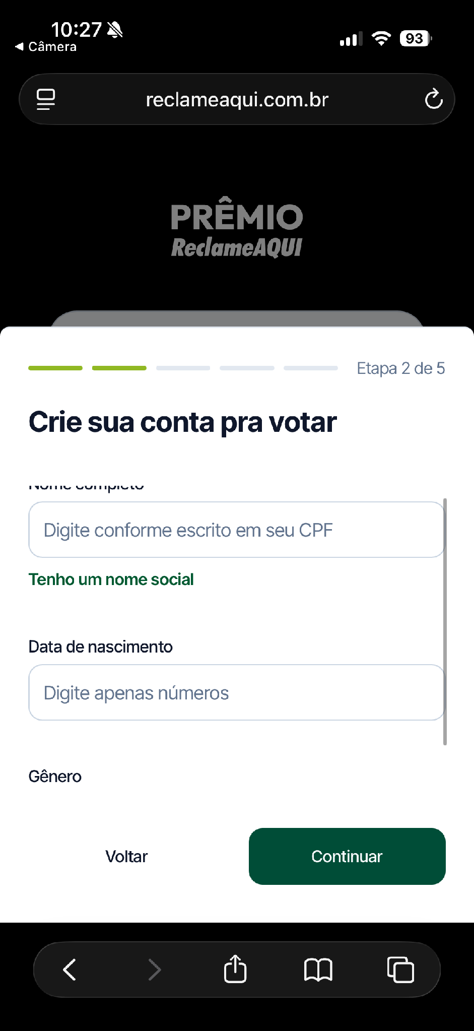 Segunda etapa do cadastro com dados pessoais