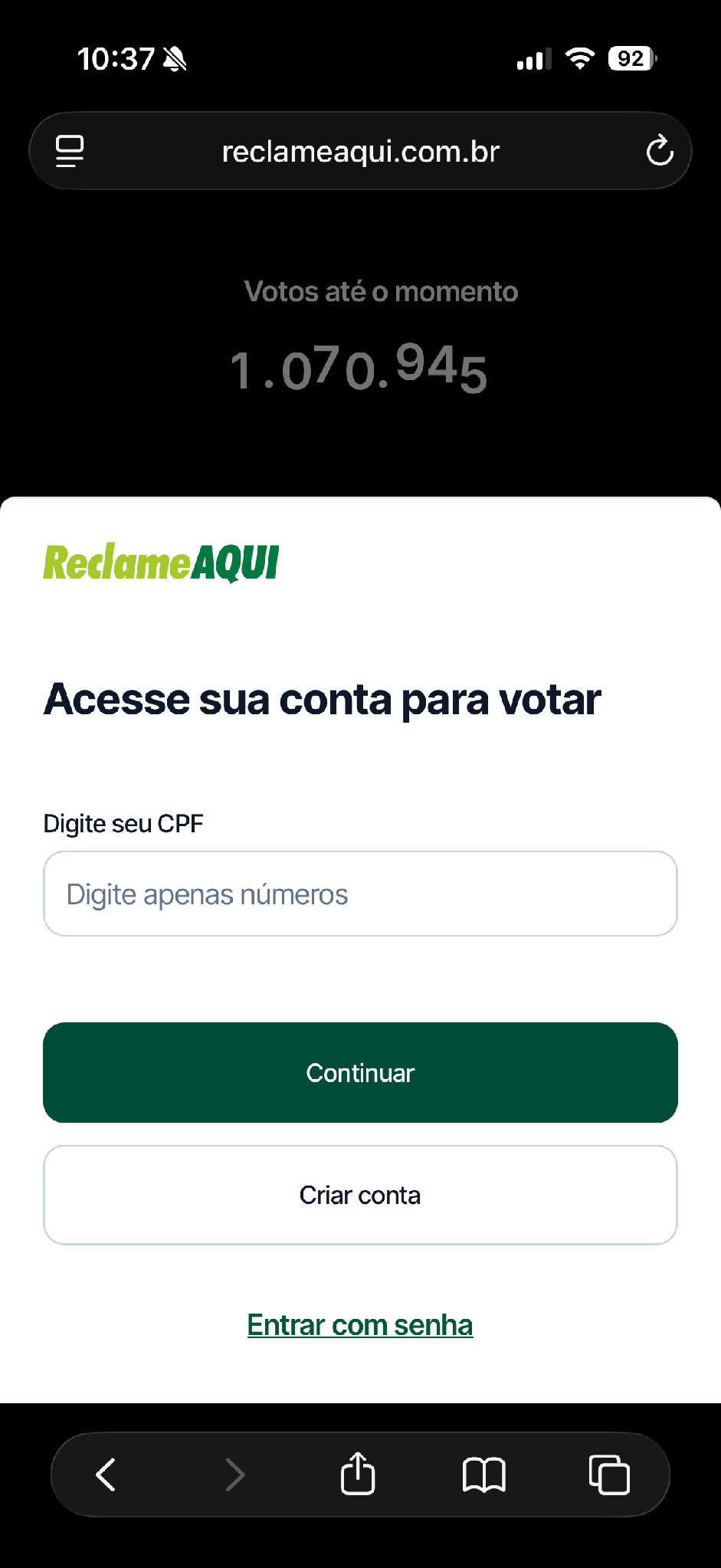 Tela de acesso à conta com CPF
