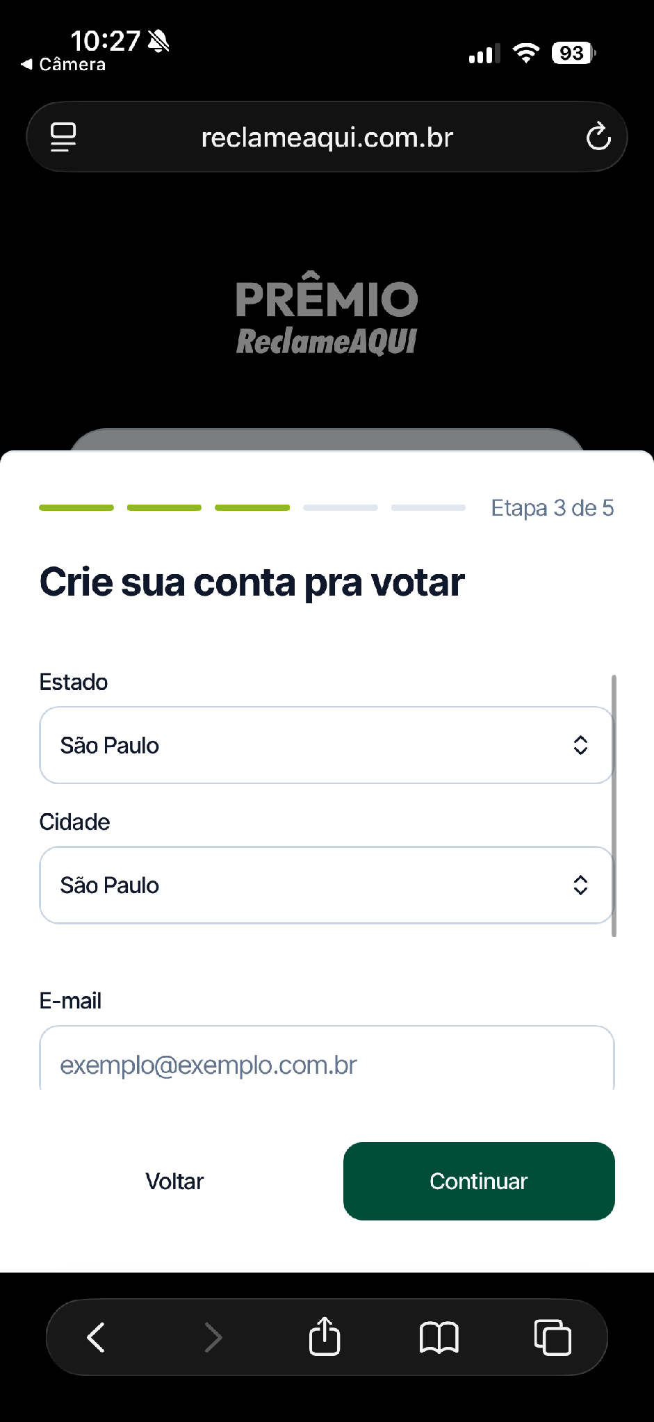 Terceira etapa do cadastro com estado, cidade e e-mail