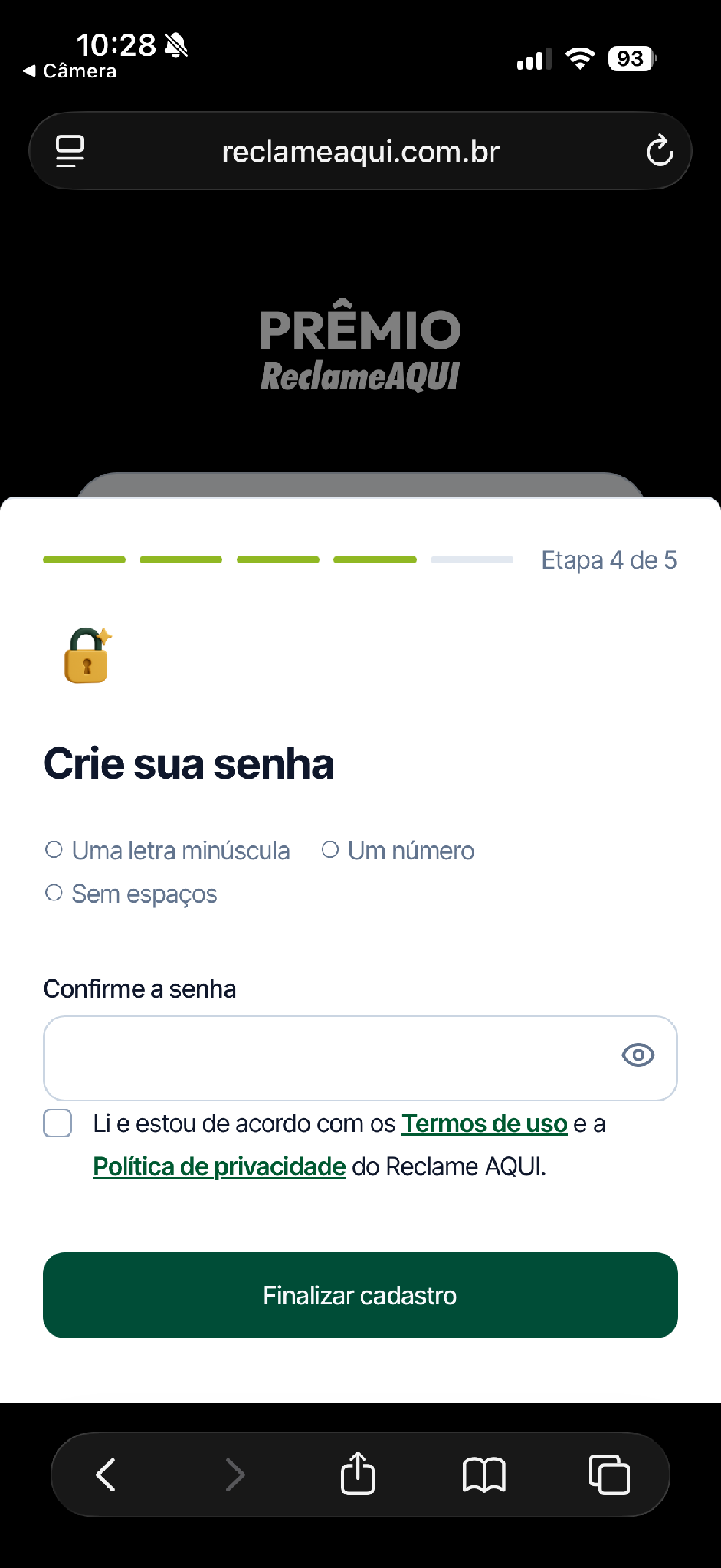 Quarta etapa do cadastro para criação da senha